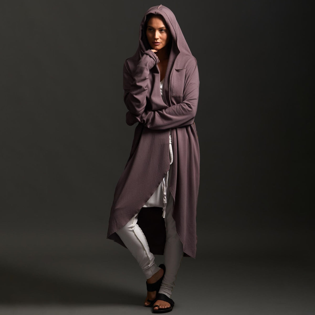 Woman modeling lavender aion duster