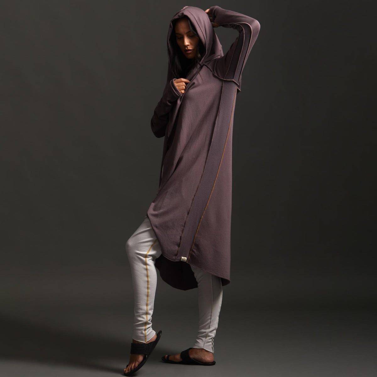 Woman modeling lavender aion duster