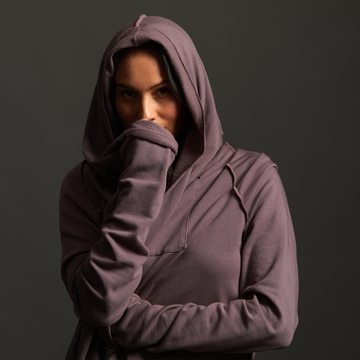 Woman modeling lavender aion duster