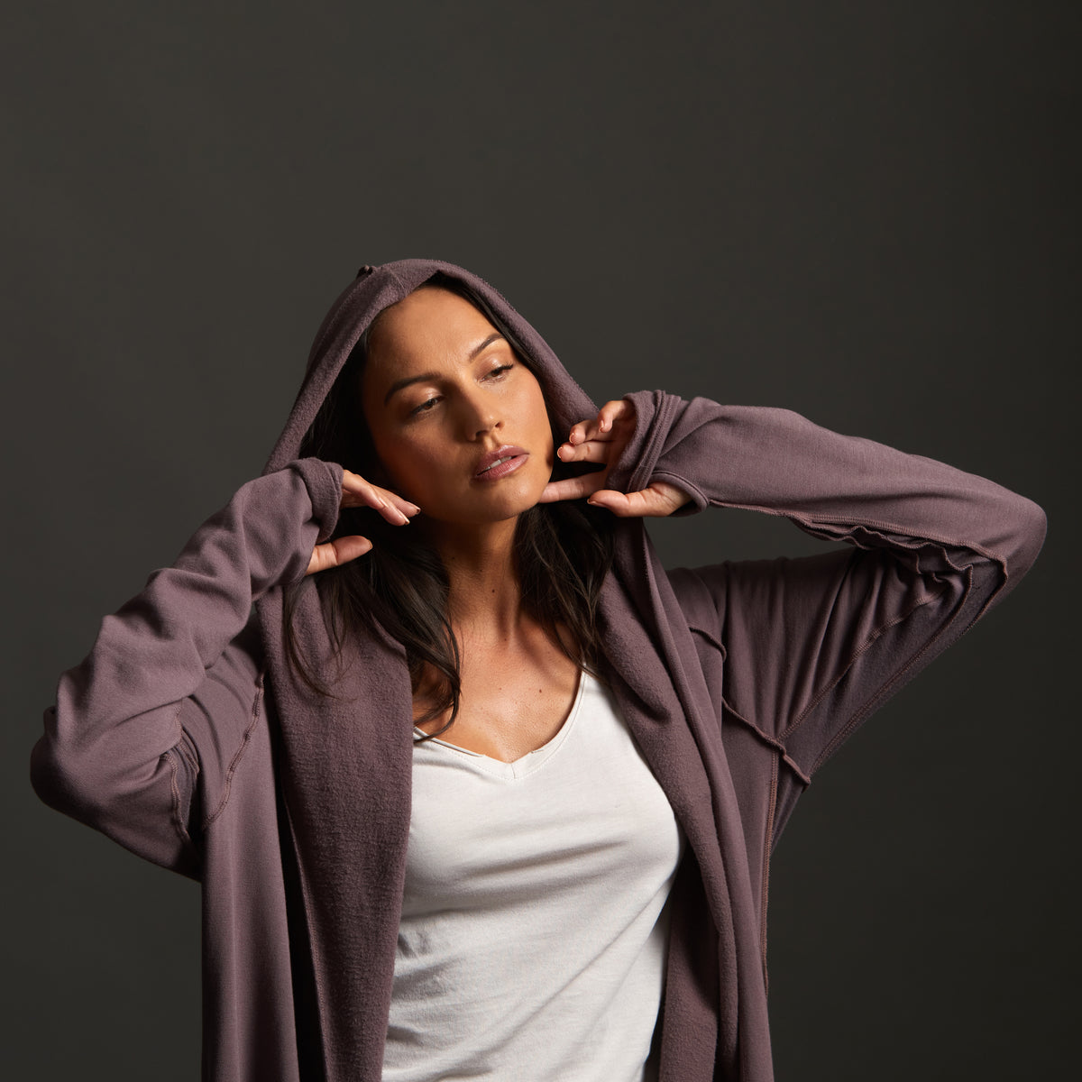 Woman modeling lavender aion duster