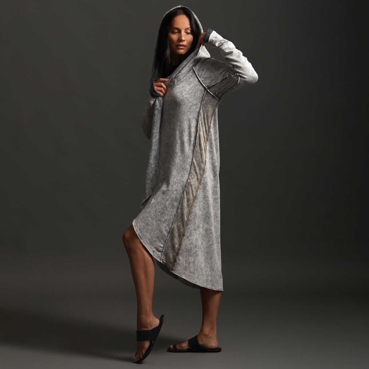 Woman modeling mineral grey aion duster