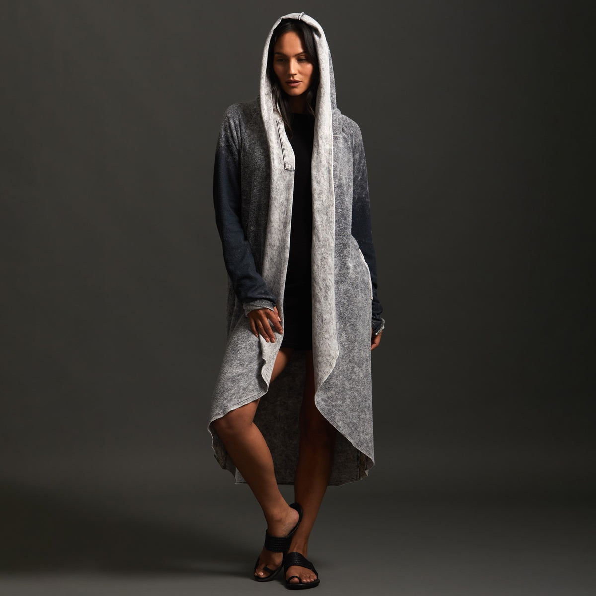 Woman modeling mineral grey aion duster