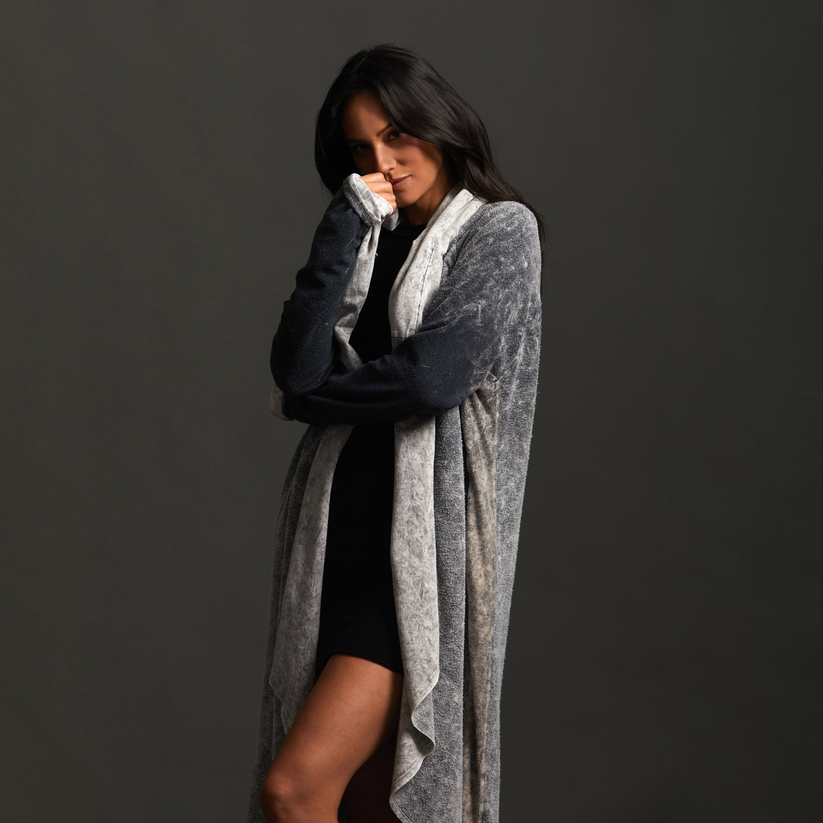 Woman modeling mineral grey aion duster