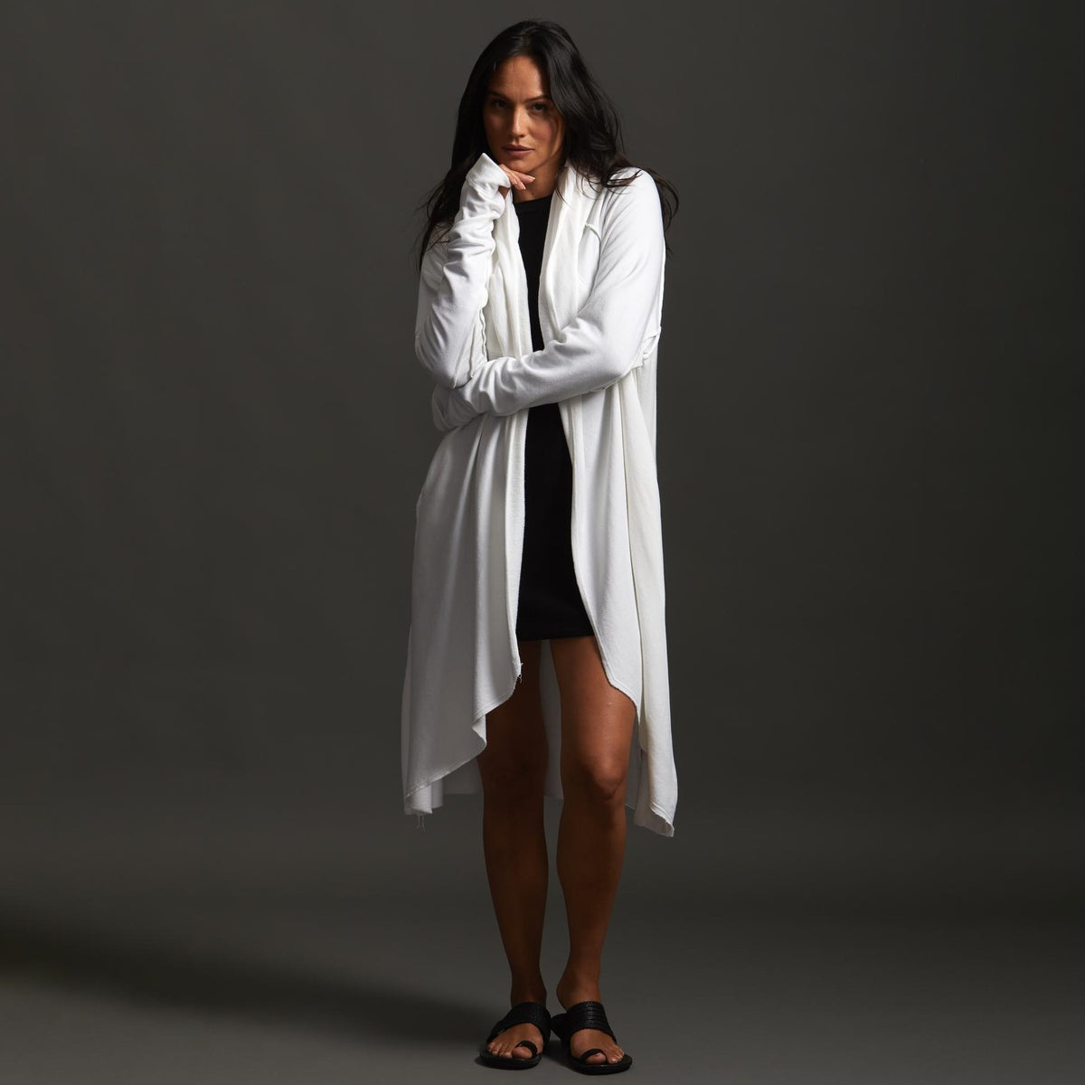 Woman modeling white aion duster