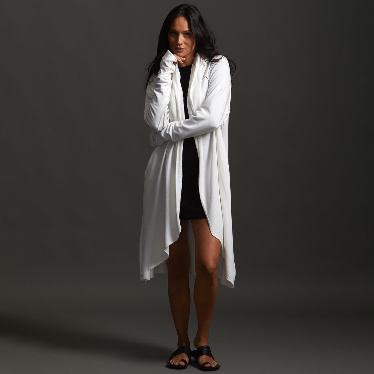 Woman modeling white aion duster
