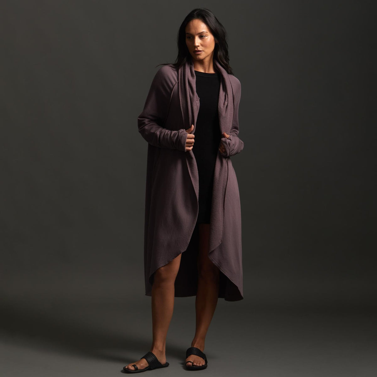 Woman modeling lavender aion duster