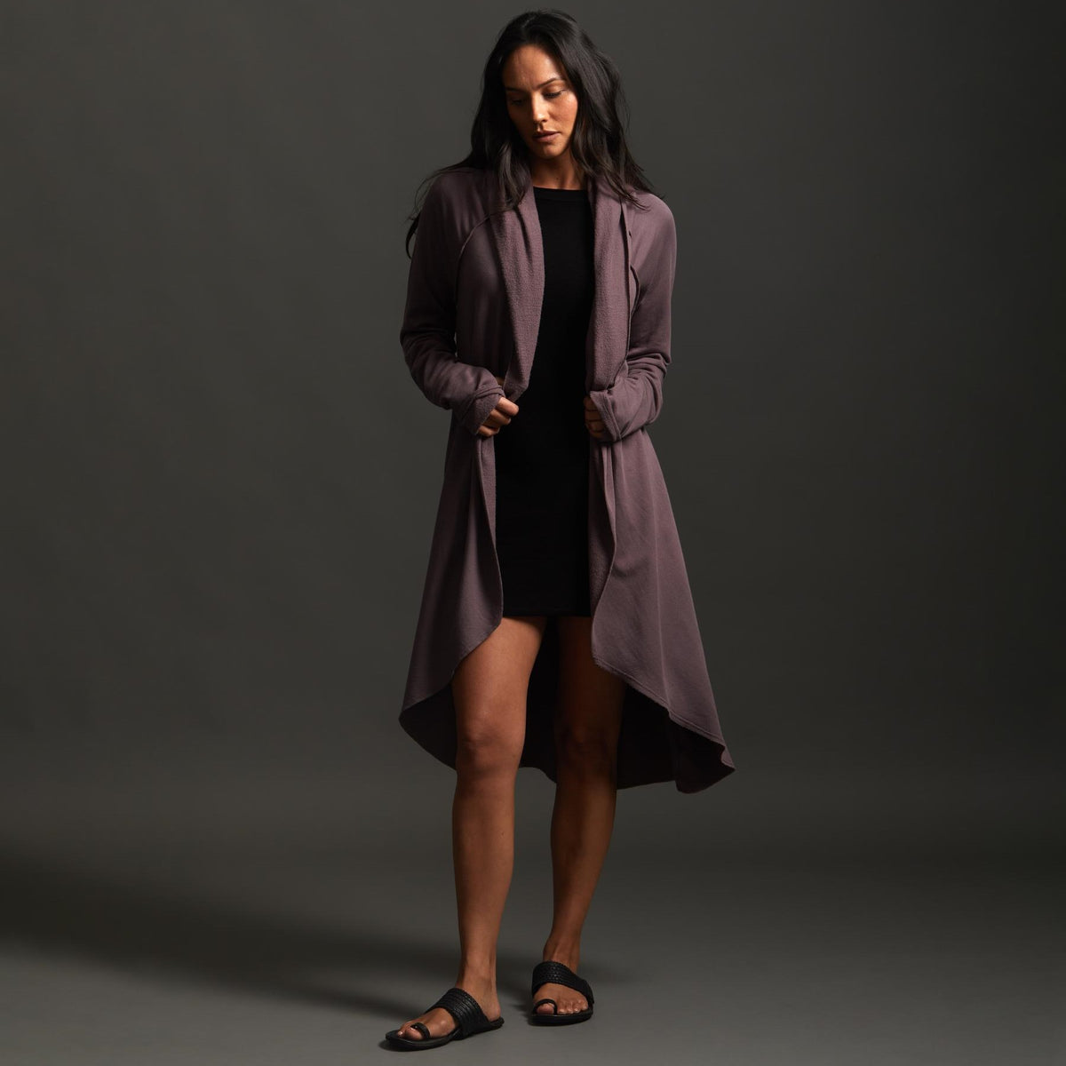 Woman modeling lavender aion duster