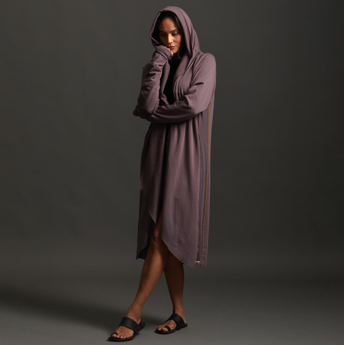 Woman modeling lavender aion duster