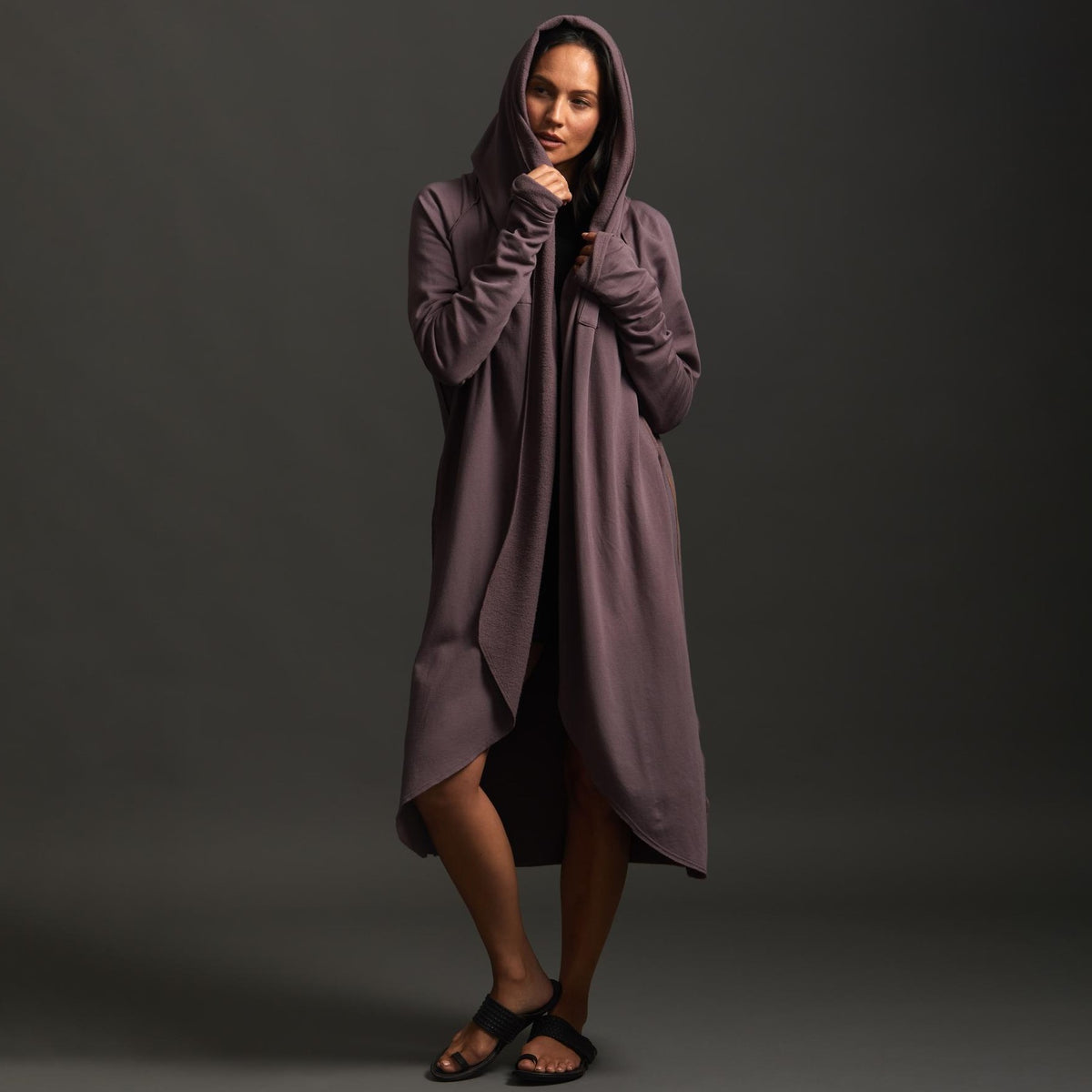 Woman modeling lavender aion duster