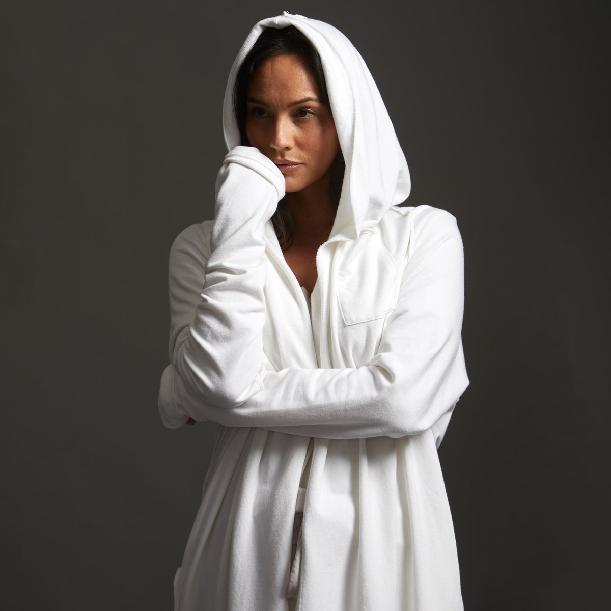Woman modeling white aion duster