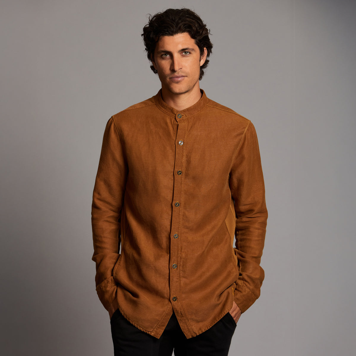 Male modeling Shacket in Whiskey Haze