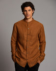Male modeling Shacket in Whiskey Haze