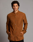 Male modeling Shacket in Whiskey Haze