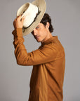 Male modeling Shacket in Whiskey Haze