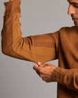 Male modeling Shacket in Whiskey Haze