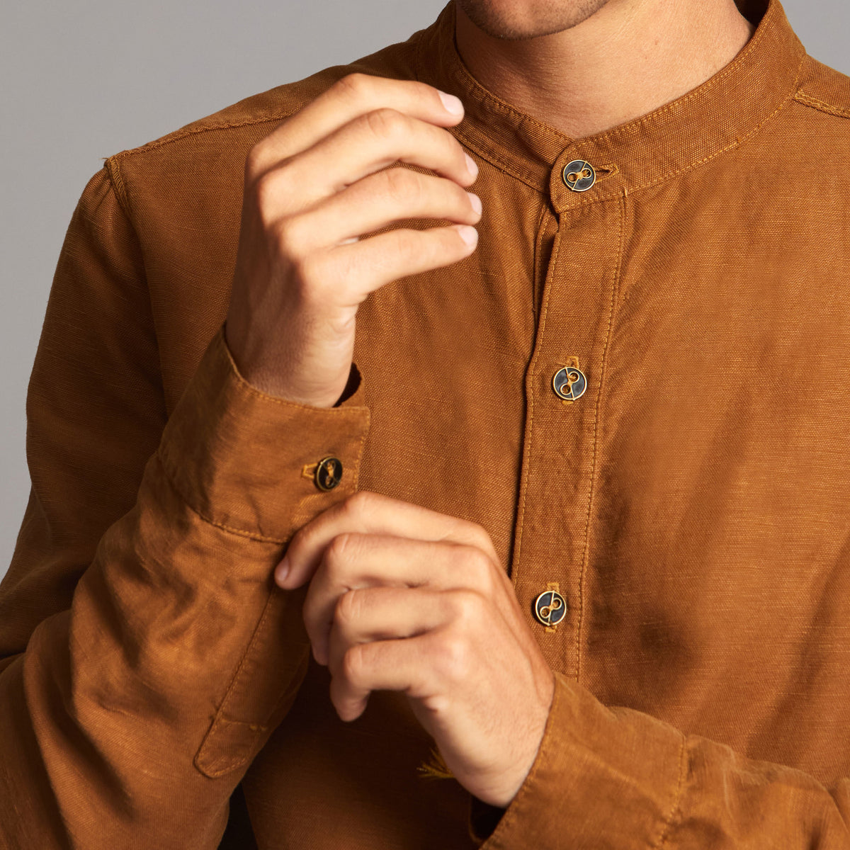 Male modeling Shacket in Whiskey Haze