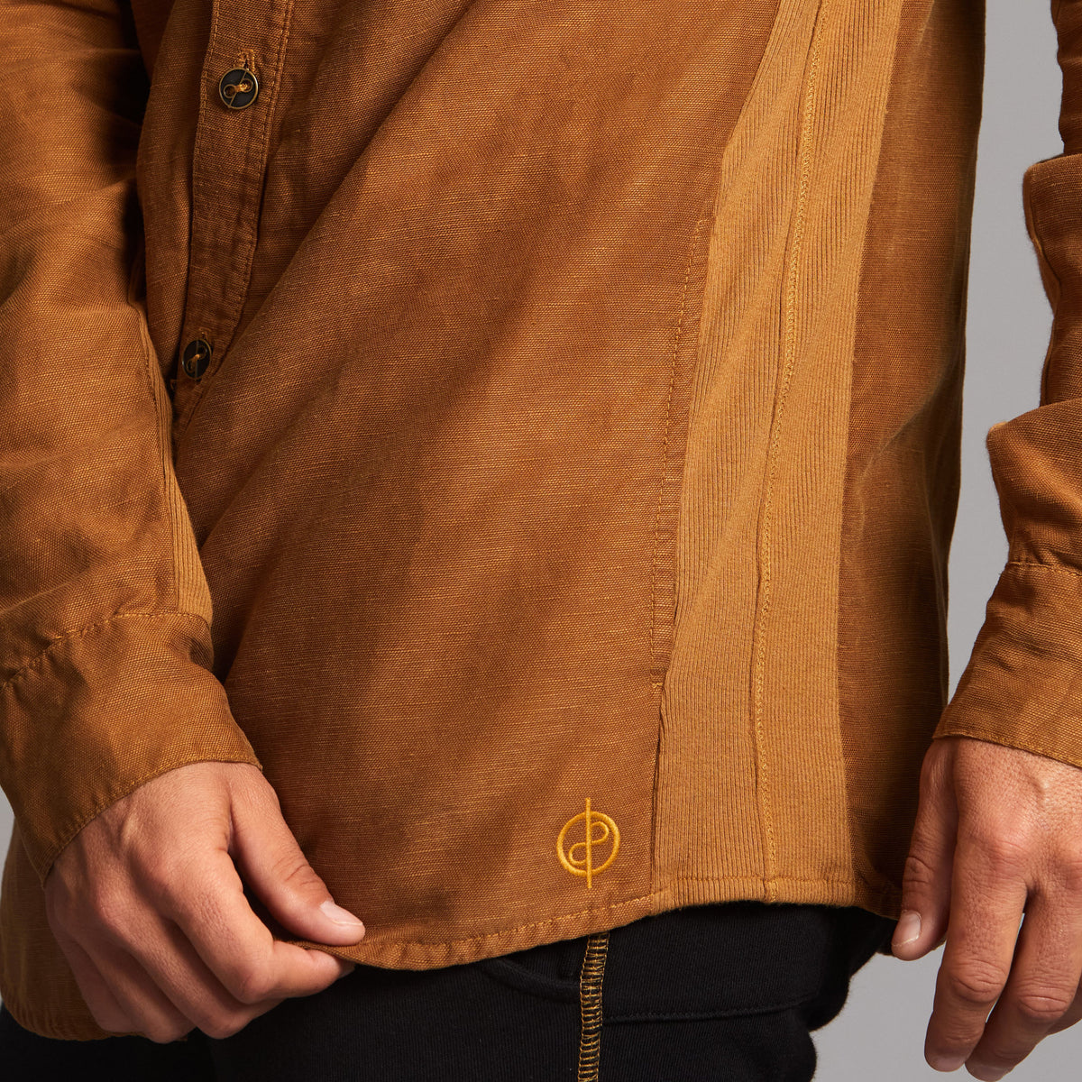 Male modeling Shacket in Whiskey Haze