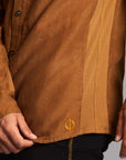 Male modeling Shacket in Whiskey Haze