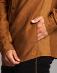 Male modeling Shacket in Whiskey Haze