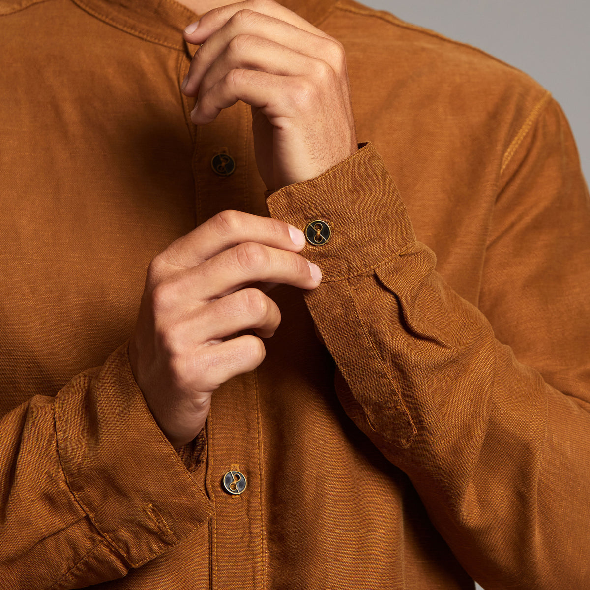 Male modeling Shacket in Whiskey Haze
