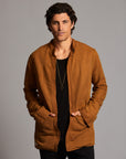 Male modeling Shacket in Whiskey Haze