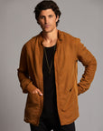 Male modeling Shacket in Whiskey Haze