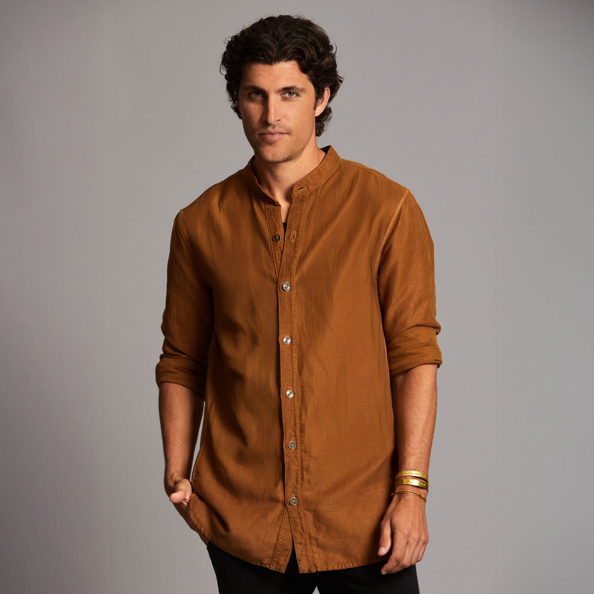 Male modeling Shacket in Whiskey Haze