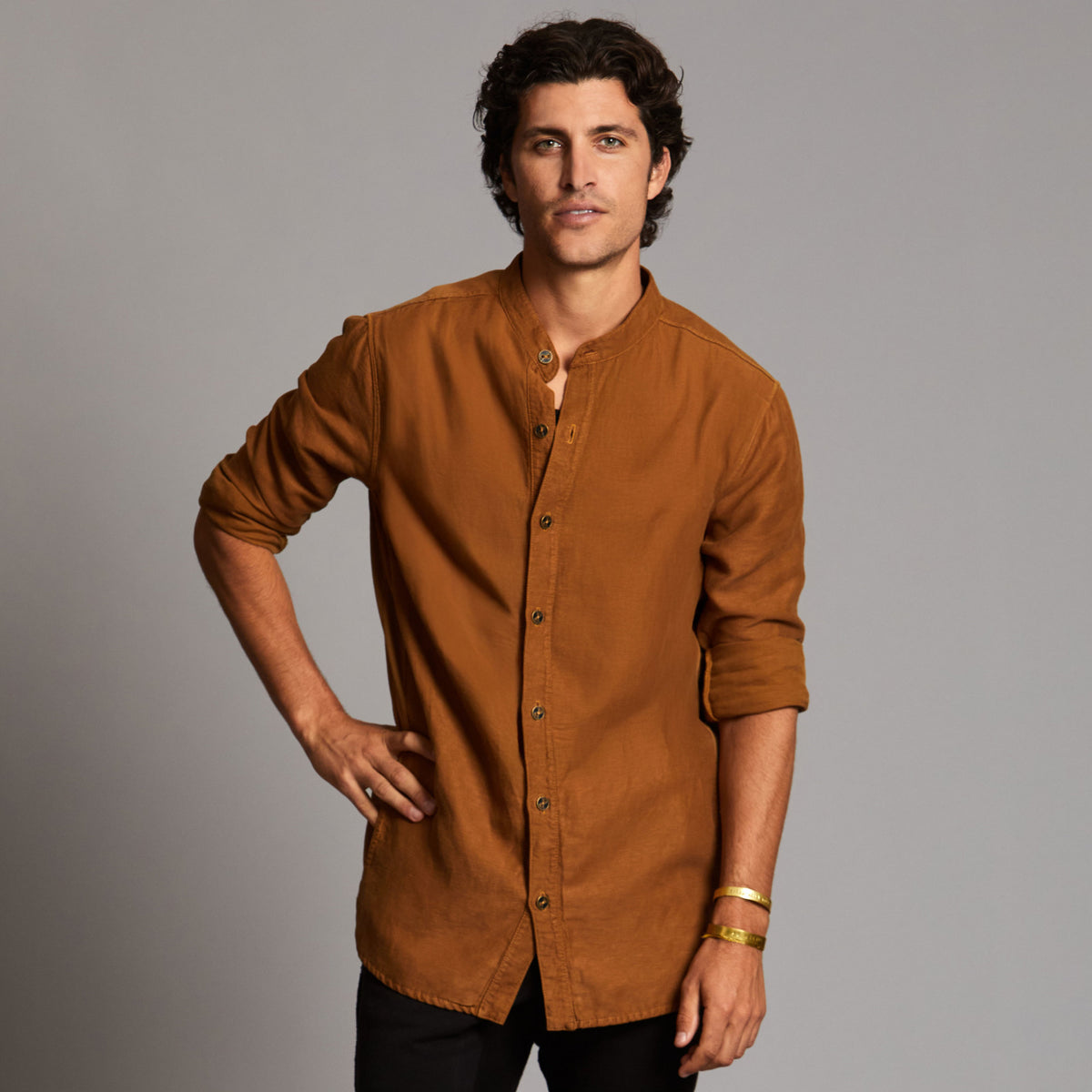 Male modeling Shacket in Whiskey Haze
