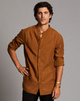 Male modeling Shacket in Whiskey Haze