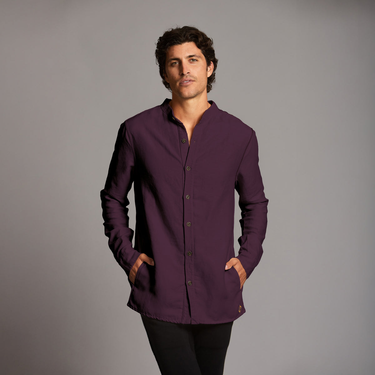 Male modeling purple shacket