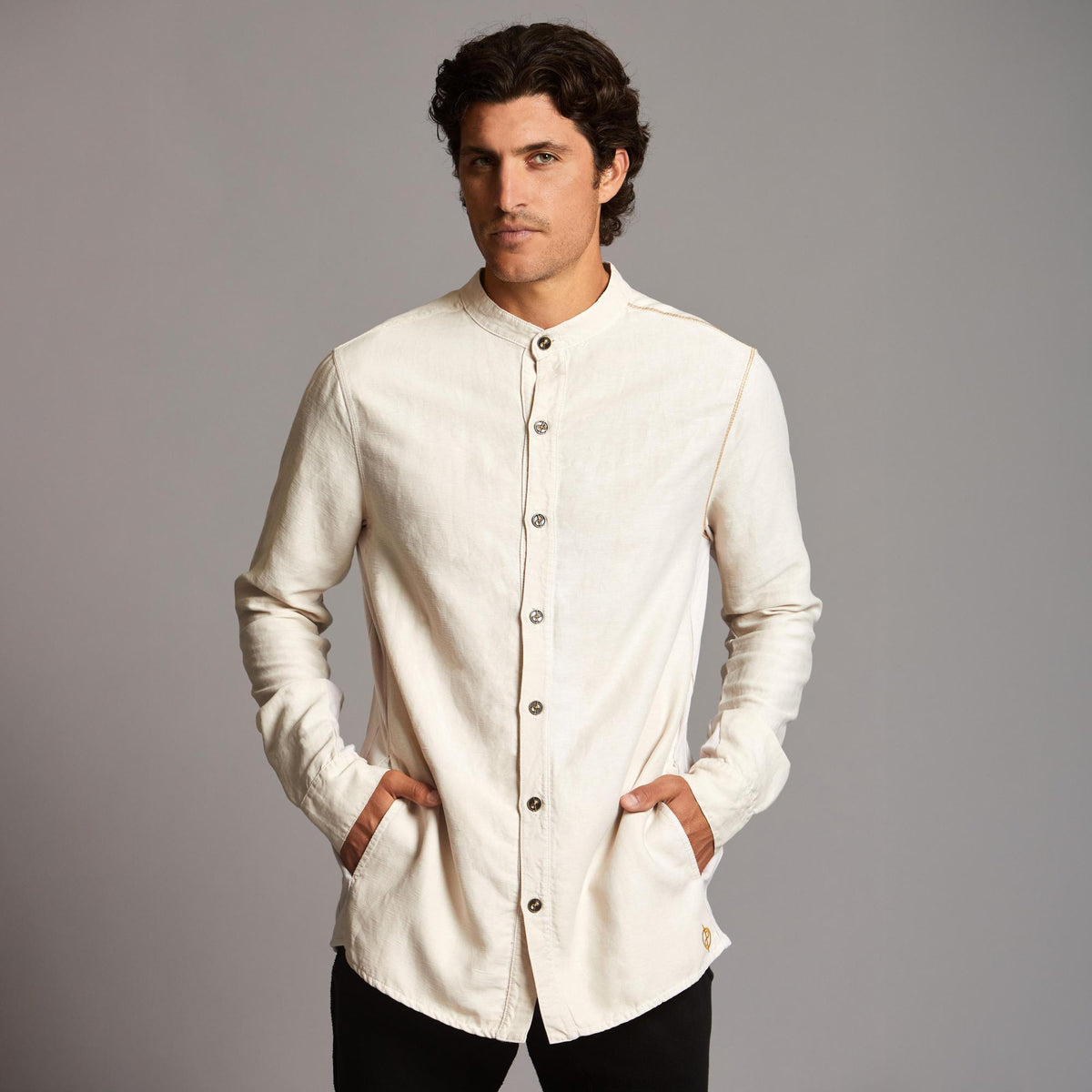 Male modeling Shacket in White Stone