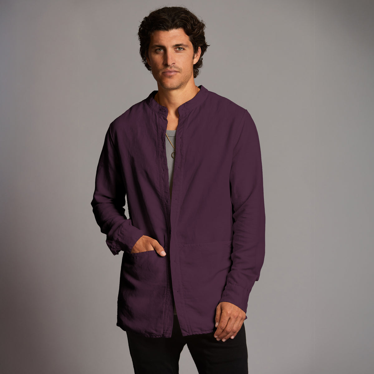 Male modeling purple shacket