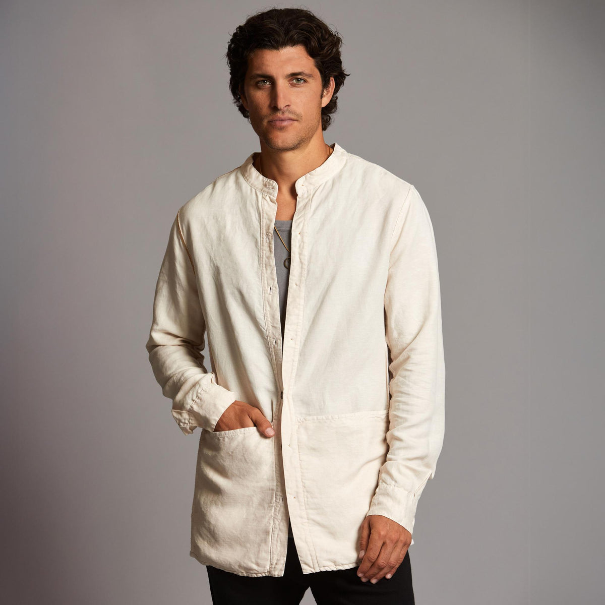 Male modeling Shacket in White Stone