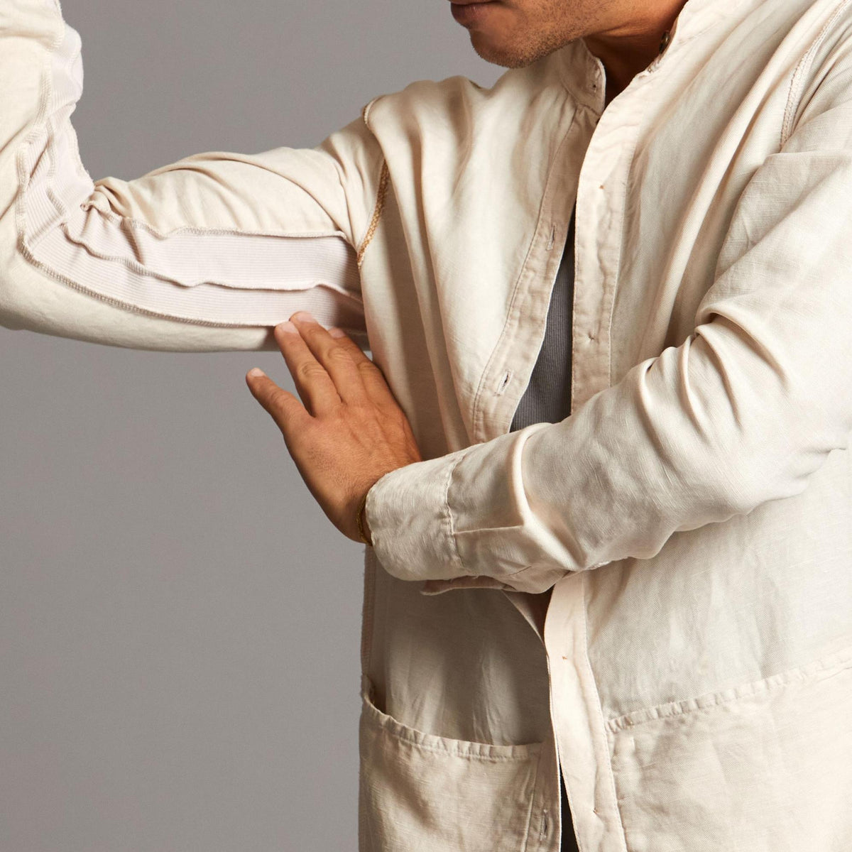 Male modeling Shacket in White Stone