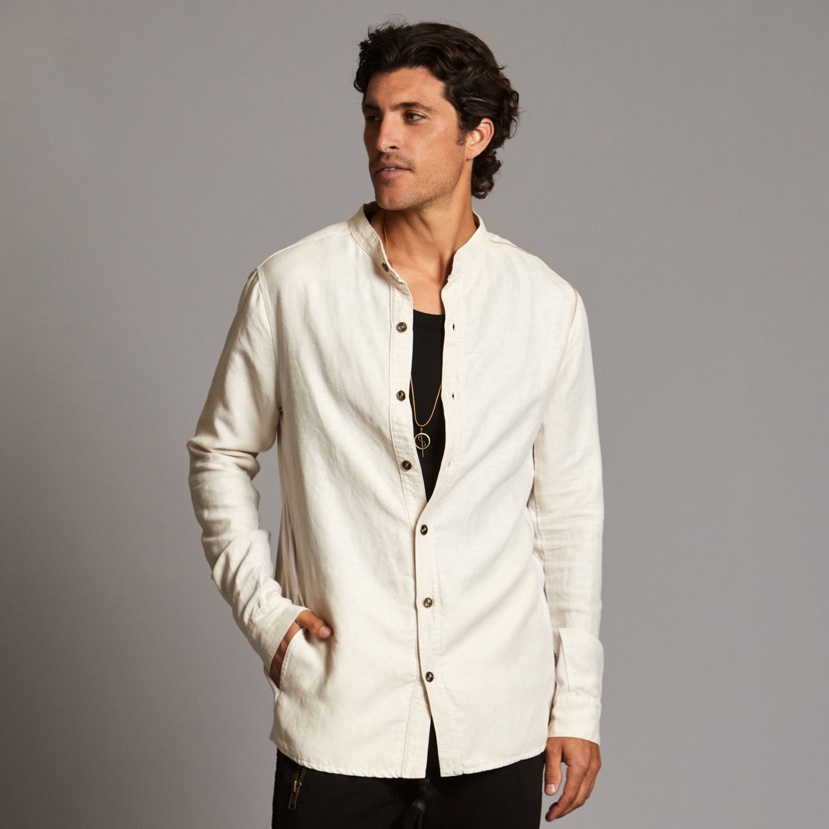 Male modeling Shacket in White Stone