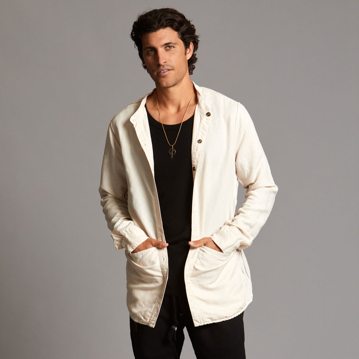 Male modeling Shacket in White Stone