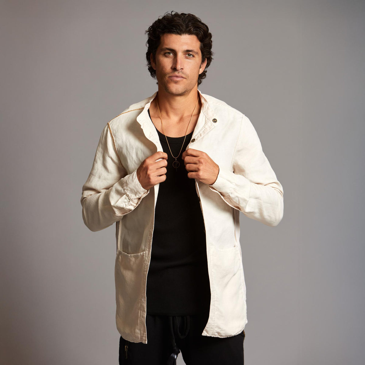 Male modeling Shacket in White Stone