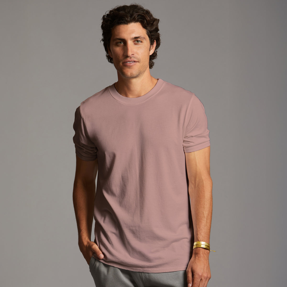 Male modeling terracotta elemental tee