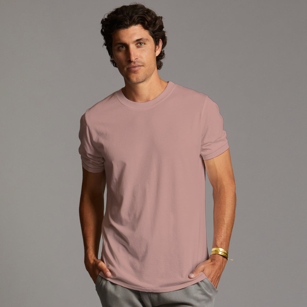 Male modeling terracotta elemental tee
