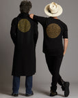 Two men modeling a crew neck t shirt and duster with gold graphics