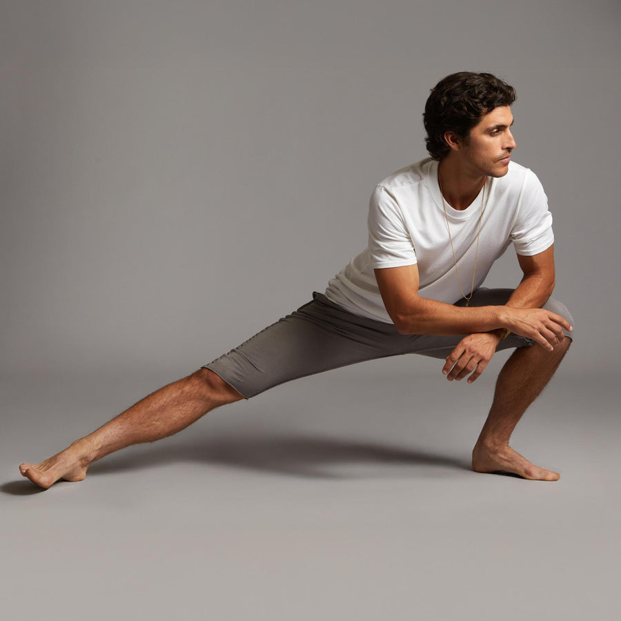 Male modeling Deep Clay gray yogo mid pants