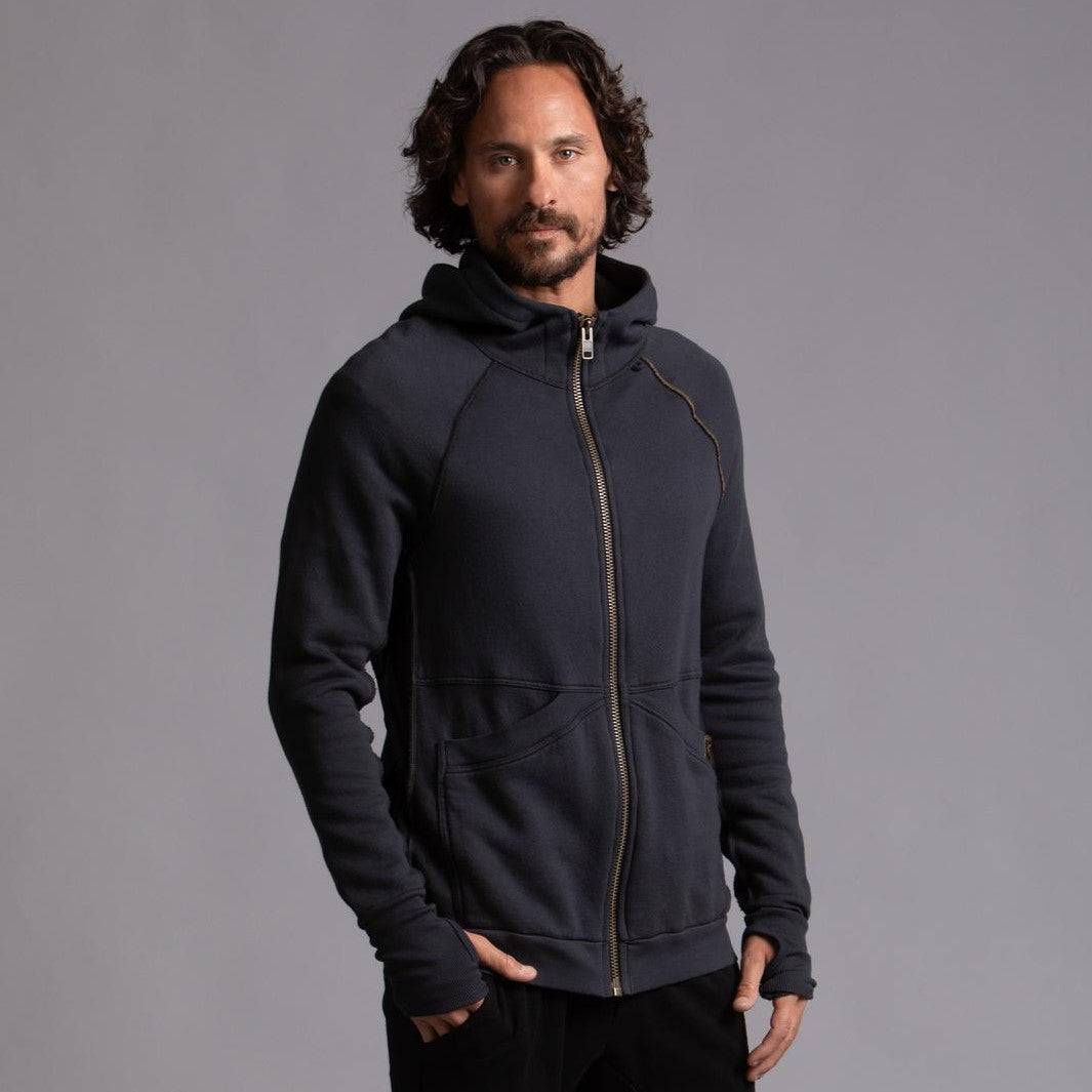 Male modeling dark blue zip tree hoodie