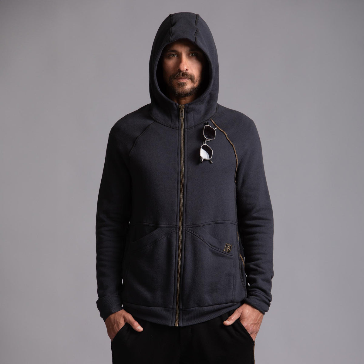 Male modeling dark blue zip tree hoodie