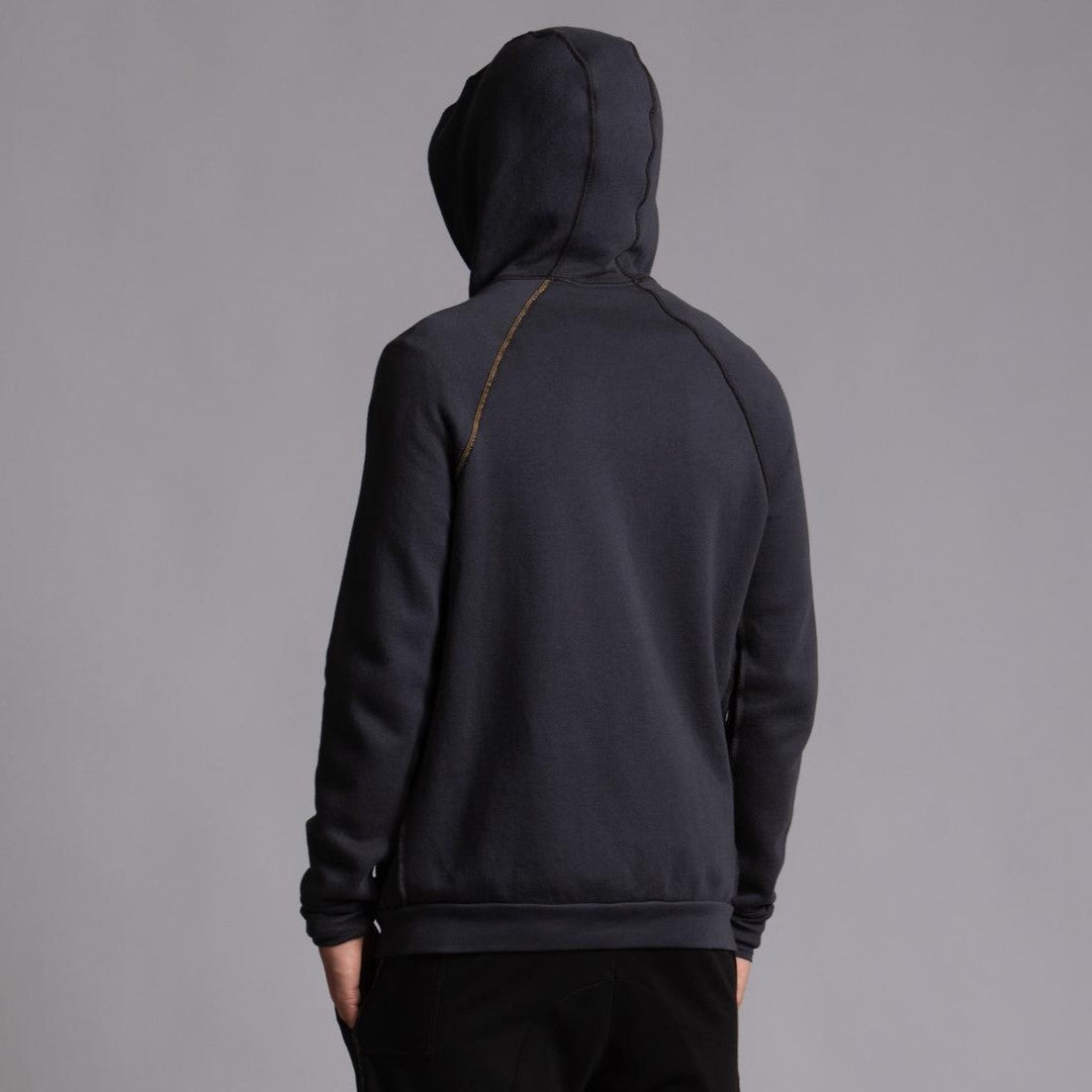 Male modeling dark blue zip tree hoodie