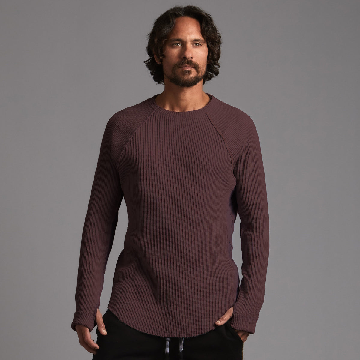 Male modeling burgundy waffle long sleeve tee