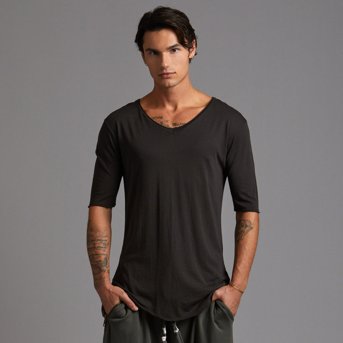Male modeling slate v neck shirt 