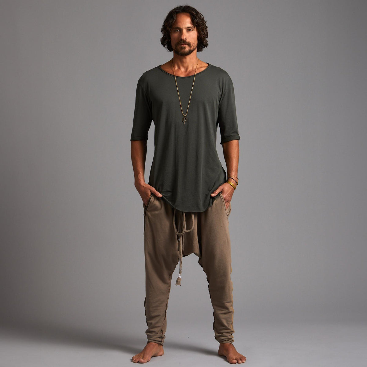 Male modeling Shroom colored pants
