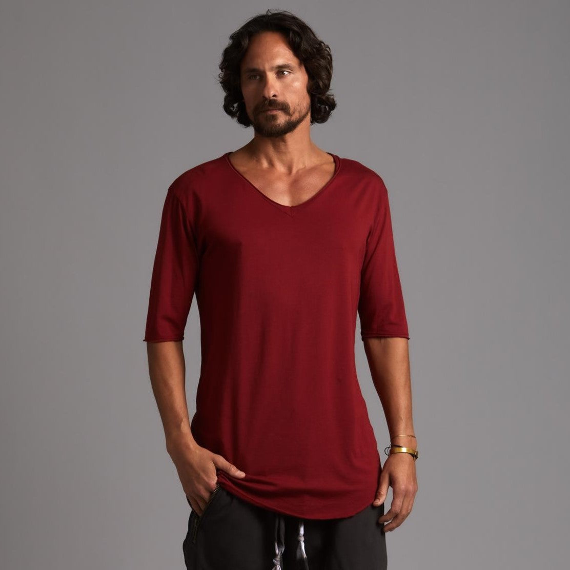 Male modeling Merlot Red colored V Neck Tree Shirt
