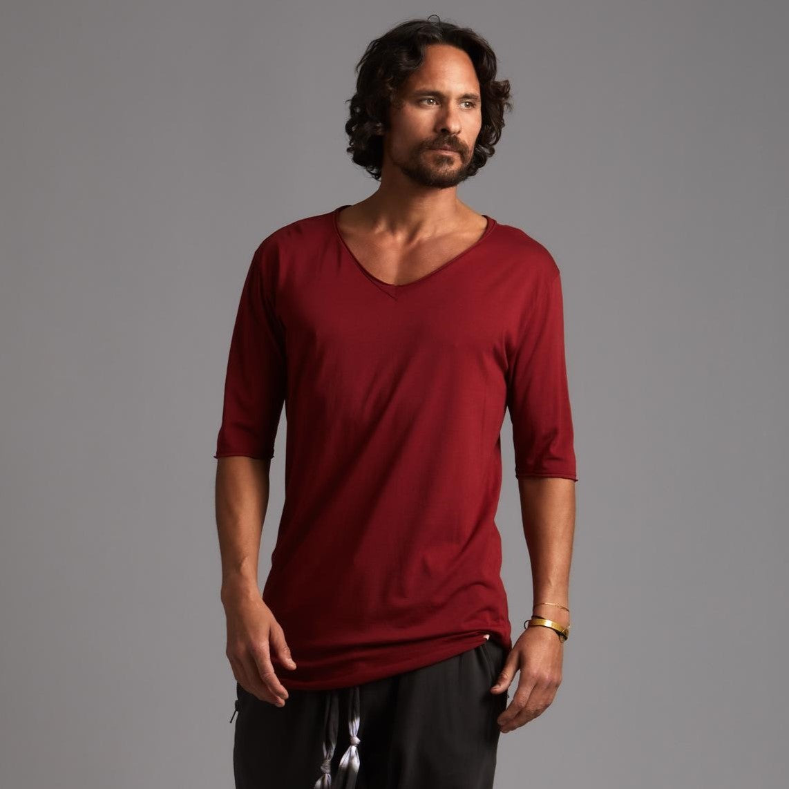 Male modeling Merlot Red colored V Neck Tree Shirt