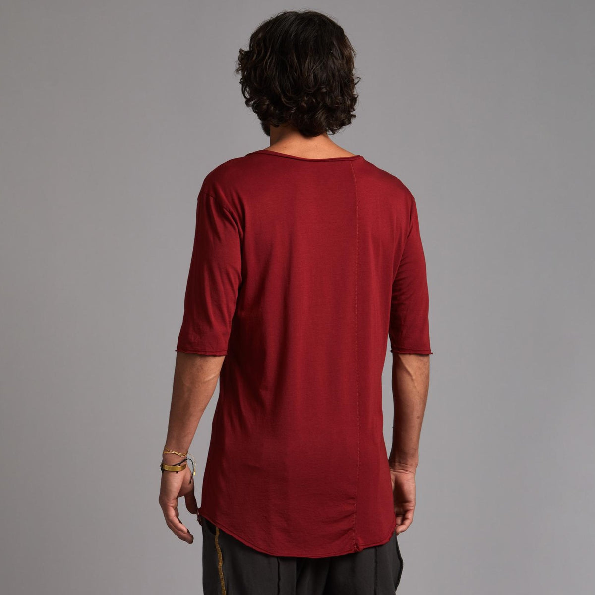 Male modeling a Merlot Red V Neck Tree Shirt